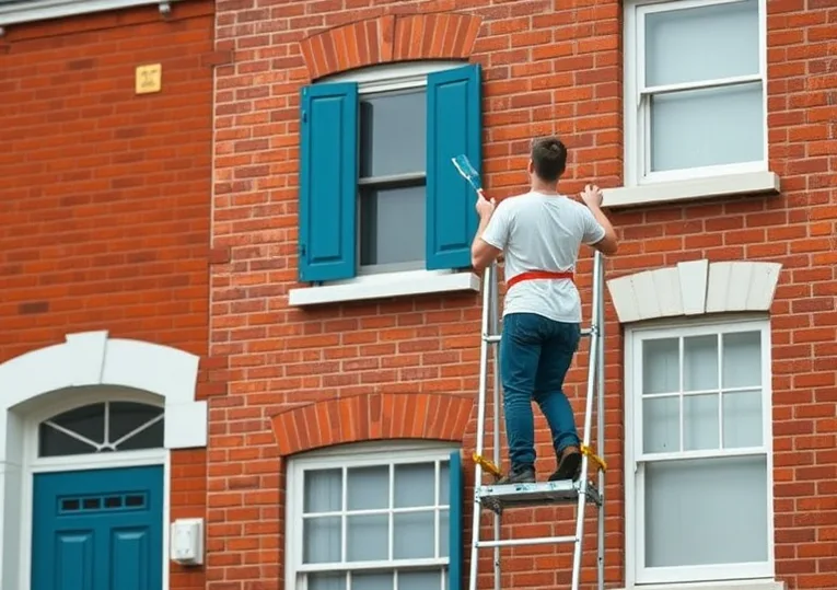 Peintre sur échafaudage traitant la façade d'une maison